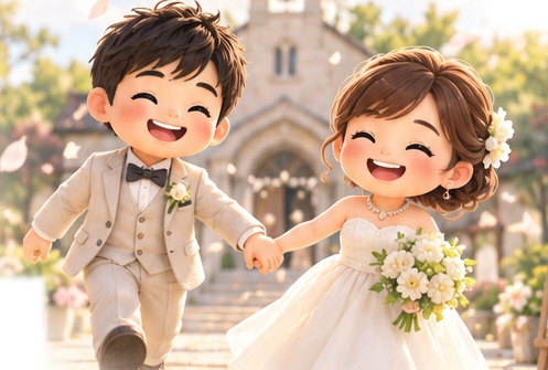 教会の庭で、手をつないで歩く二人のキャラクター。結婚ギフトの紹介用イメージ。