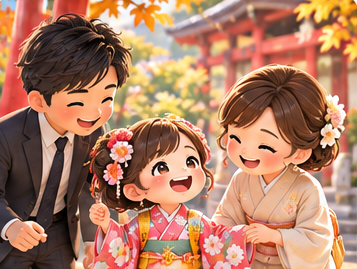 神社で七五三を祝う親子3人の紹介用イラスト