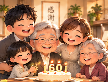 還暦を家族で祝う、世代ごとに顔立ちの異なる人物の紹介用イラスト