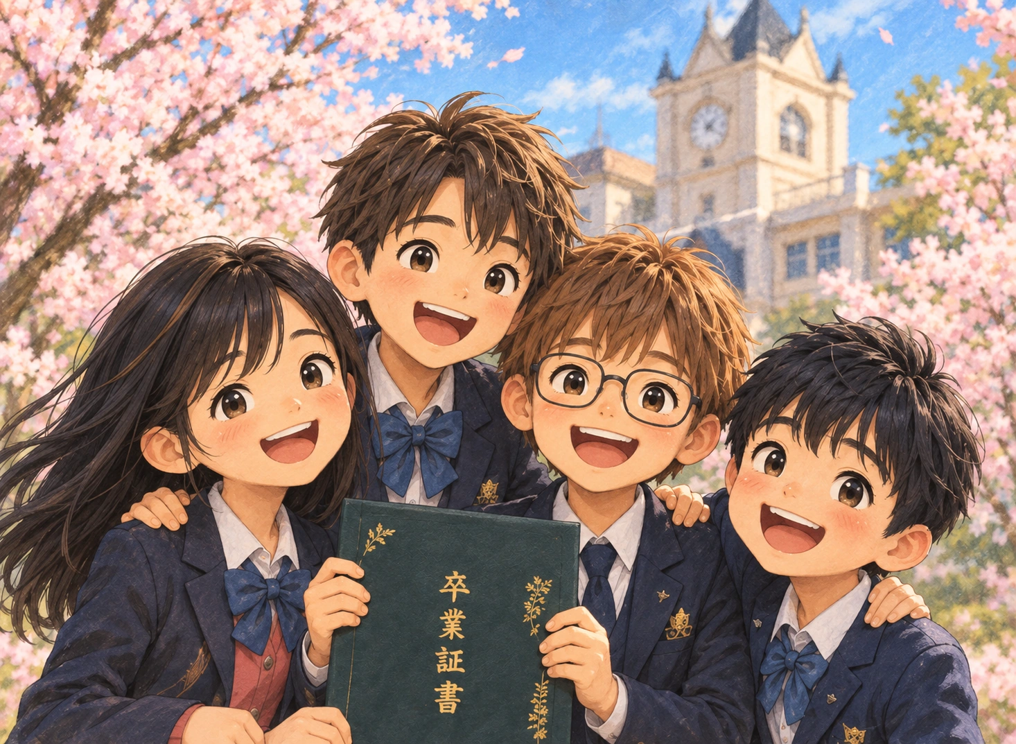 髪型や表情が異なる卒業生4人の紹介用イラスト。メガネは1人。