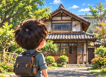 懐かしい日本家屋を見上げる人物の紹介用イラスト