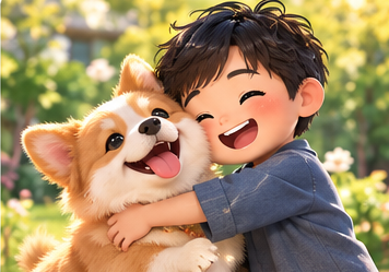 庭で犬を抱きしめる飼い主の紹介用イラスト