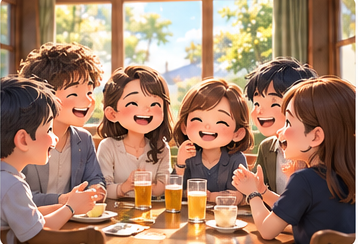木のテーブルを囲んで再会を楽しむ仲間の紹介用イラスト