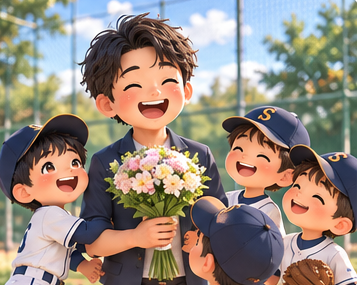 花束を受け取るコーチと野球チームの子どもたちの紹介用イラスト